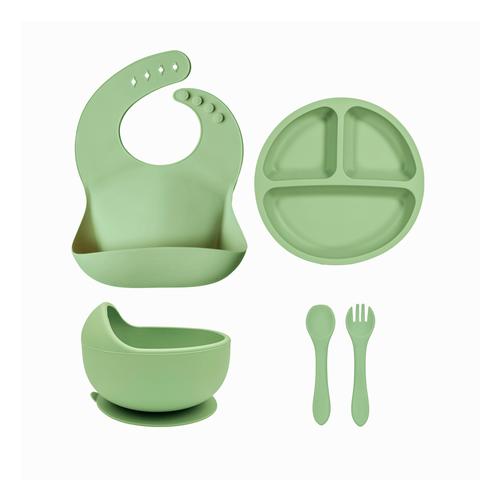 Silicone Bib, Suction Divided Plate, Bowl, Spoon & Fork - Olive Green