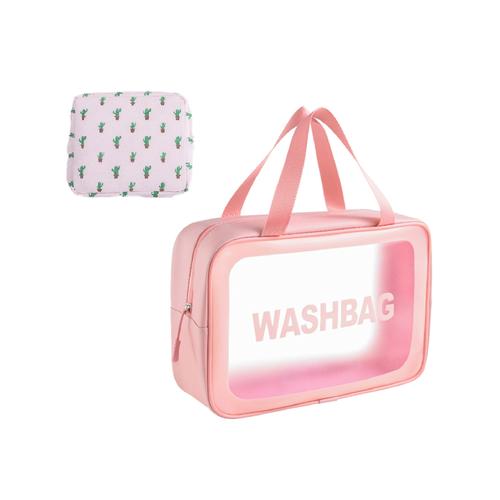 Pink Frosted Waterproof Cosmetic Bag With Cactus Sanitary Bag (PVC)