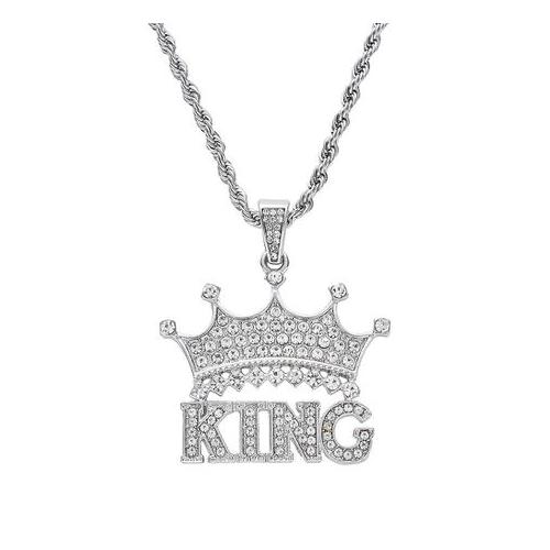 Silver Iced Out King Crown Pendant Necklace For Men