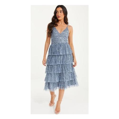 Quiz Ladies - Petite Blue Sequin Tiered Midi Dress