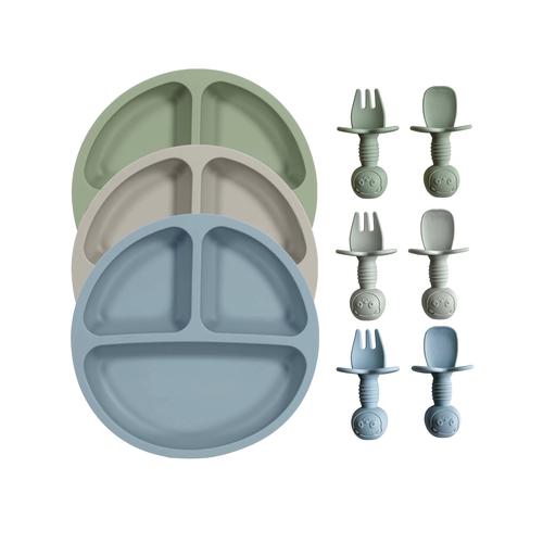 Silicone Suction Divided Plate, Spoon & Fork Feeding Set - Set of 3