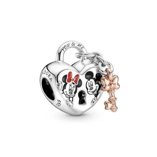 925 Sterling Silver Minnie and Micky Lock with Key Bracelet Charm / Pendant