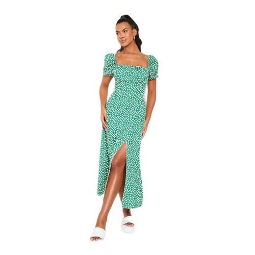 I Saw It First Ladies - Green Square Print Woven Short Puff Sleeve Dress