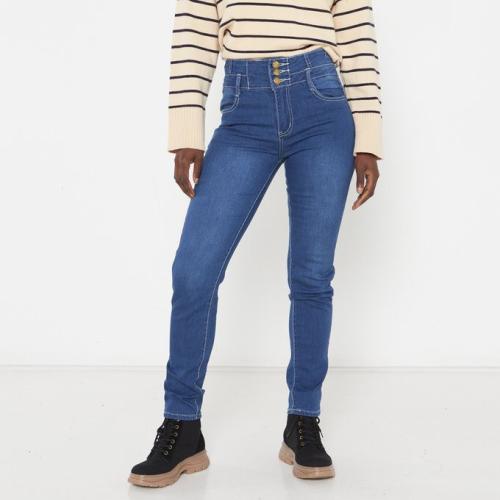 High Waist Button Fly Skinny Jeans Mid Blue