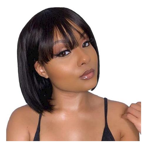 8 Inch Straight Bob Wigs with Bangs Human Hair None Lace Front Wigs 1B