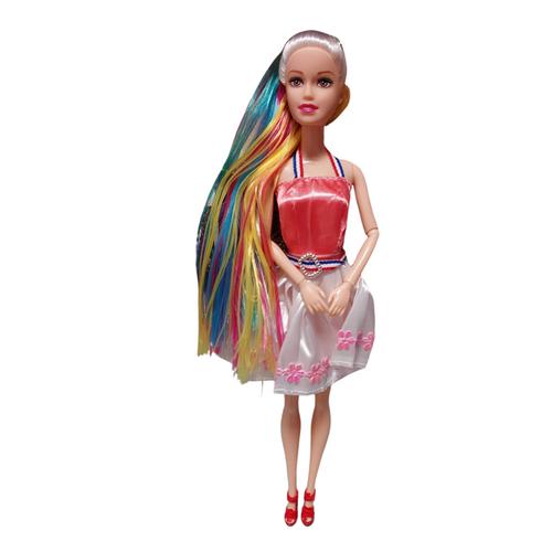 Doll with Colored Hair – Pretty Pink/White with Pink Flower Dress.