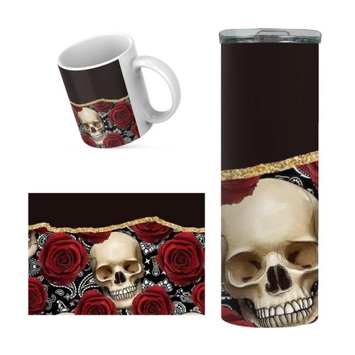 Skull & Roses Printed Mousepad, Mug & Double Wall Skinny Tumbler Set