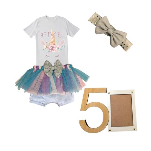 5th Birthday- Bright Unicorn Tutu Outfit-Short Sleeve With Photo Frame