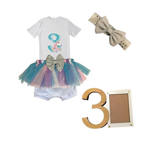 3rd Birthday- Bright Unicorn Tutu Outfit-Short Sleeve With Photo Frame / 3