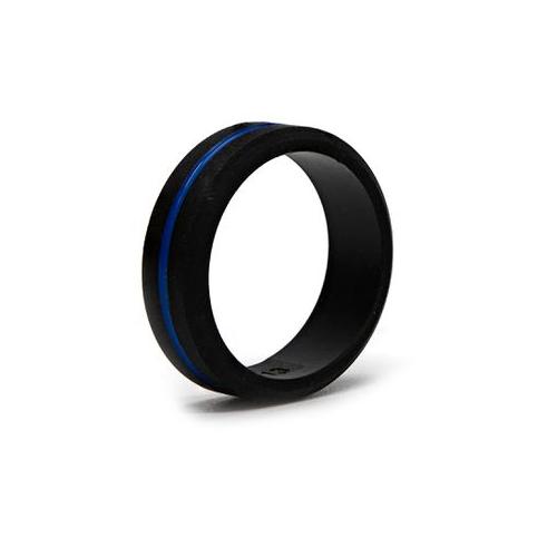 Silicone Ring- Quality Black Silicone ring with Blue Stripe