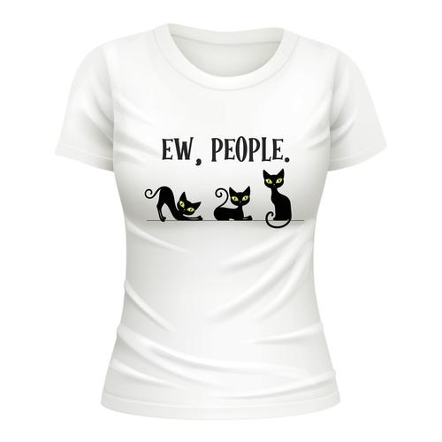 T-Shirt Short Sleeve Printed - Ew, People Cats Staring/ Green Eyes