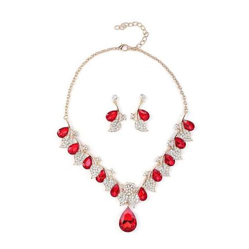 Vintage Luxury Red And White Water Drop Necklace And Earrings Set