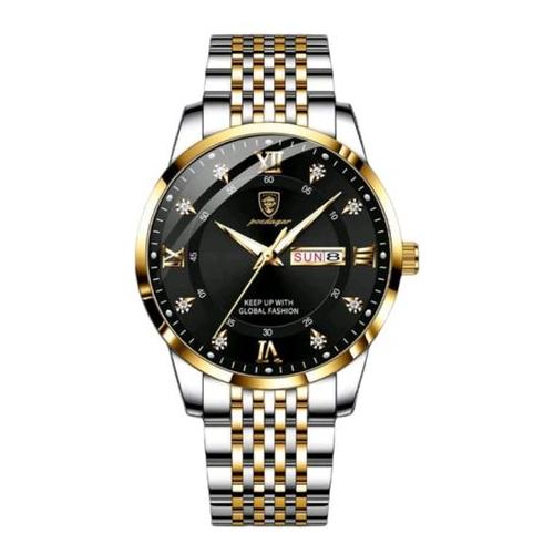 Two Tone Stainless Steel Strap Glamorous Calendar Water Resistant Watch