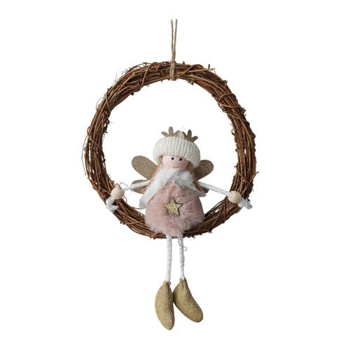 Nordic Christmas Xmas Fabric Angel with rattan wreath PINK decoration gift