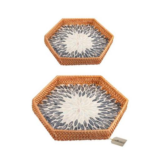 Heartdeco - Woven Rattan Mother of Pearl Serving Tray - Hexagon - Set of 2