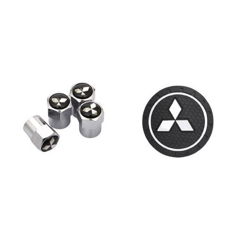 Mitsubishi Tyre Valve Caps set and 2 Cup Holder Mats Combo