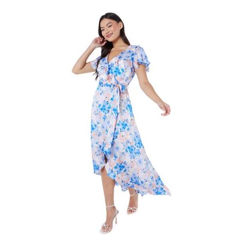 Quiz Ladies - Blue Satin Floral Wrap Midaxi Dress