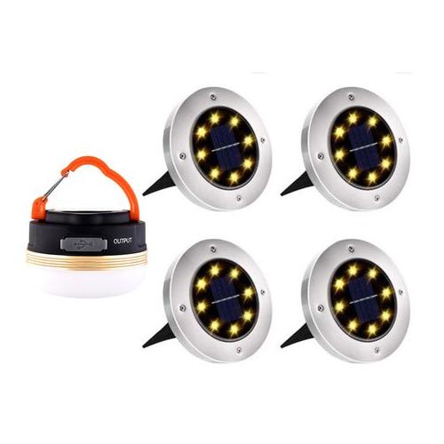 4 Solar Ground 8 LED Lights With USB Rechargeable Camping Light