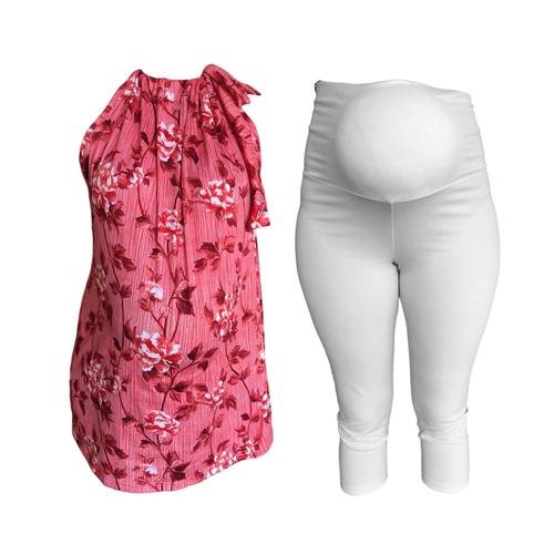 Pillowcase shirt & Tights combo - Pink Floral & White Capri Tights