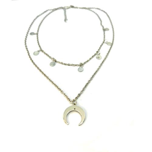 Silver Double Circle and Half Moon Necklace