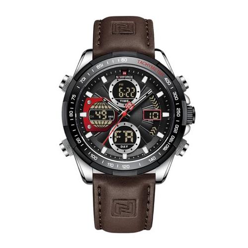 Naviforce Men's Pathfinder Dual Display Leather Wrist Watch Red