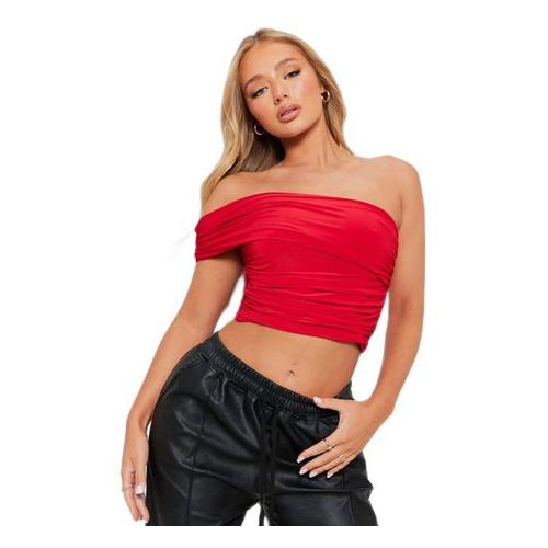 I Saw It First Ladies - Red One Shoulder Drape Double Layered Crop Top