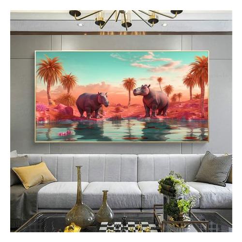 Canvas Wall Artwork - Hippo Oasis Abstract - 0646