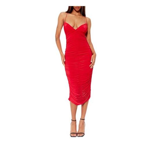 I Saw It First Ladies - Red Cross Strap Ruched Slinky Midi Dress