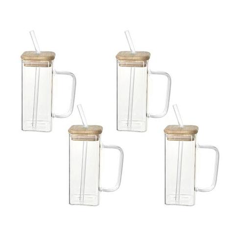 350 ml Square Cocktail Glass With Bamboo Lid and Straw - 4 Pack