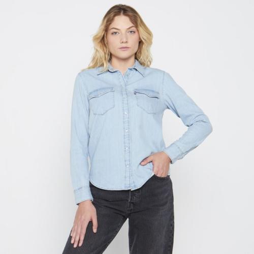 Iconic Western Denim Shirt with Button Detail in a Mid Wash Blue