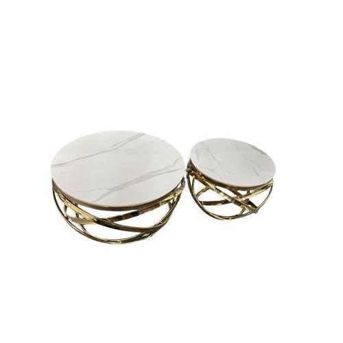 Set of 2 Marble top Round Lugee Coffee Tables - White and Gold