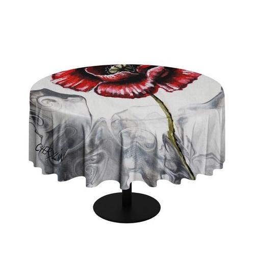 Open Poppy On Grey By Cherylin Louw Round Tablecloth