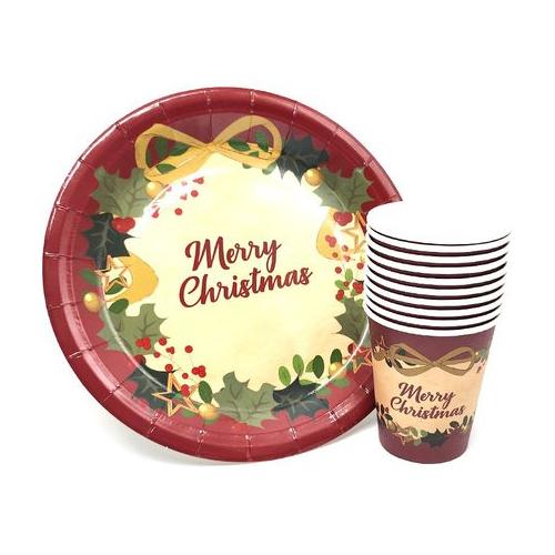 purpleX Merry Christmas Golden Bow Disposable Paper Cups and Plates Set of 10