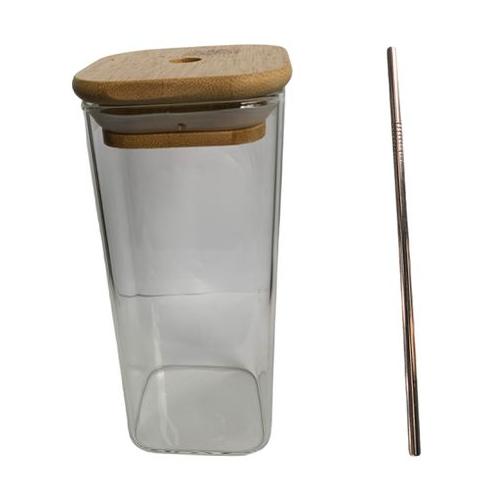 Water Bottle 380ml Glass With Bamboo Lid & Straw Square