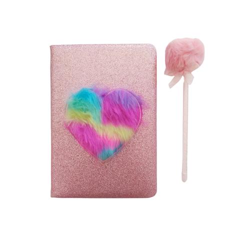 Fluffy Heart Diary Notebook with Pen - A5 - Pink, Tie Dye & Glitter