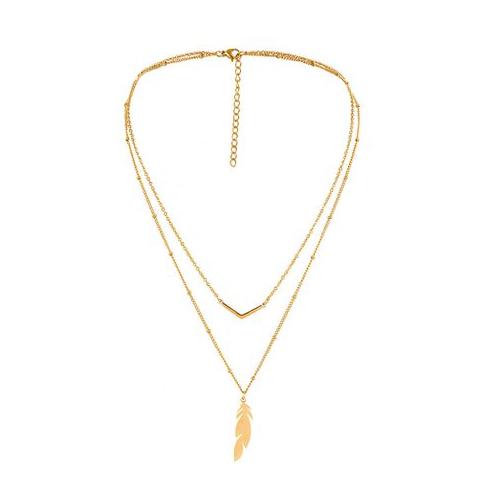 Necklace Stainless Steel Double Layer Feather Shape Pendant