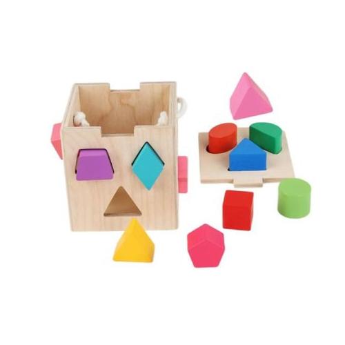 Shape Sorter Wooden Cube Educational Toy Box with 12 Colourful Shapes