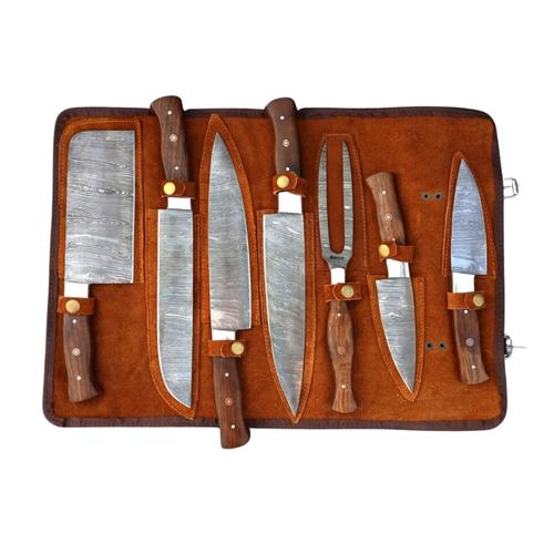 Handmade Damascus Steel Chef's Kitchen Cutlery Set with Leather Sleeve