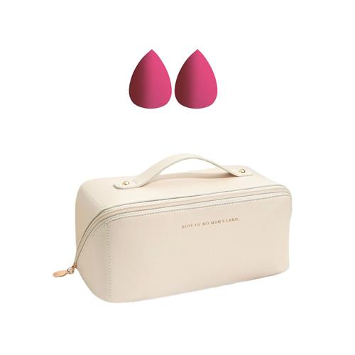 Large Capacity Faux Leather Cosmetics Bag with 2 Makeup Sponge Blenders