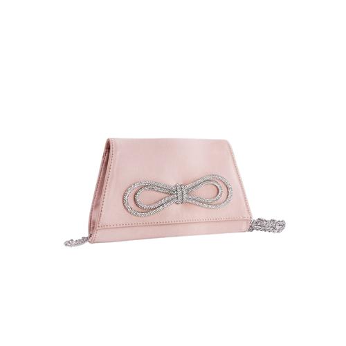 Nude Satin Diamante Bow Detail Clutch Handbag