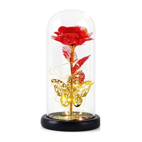 Volamor - 22cm Rose in Glass with Gold LED Light and Wooden Base - Red