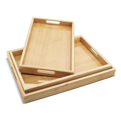 Bamboo Tray For Serving Food-3 Pack Bamboo Wooden Serving Trays With Handle