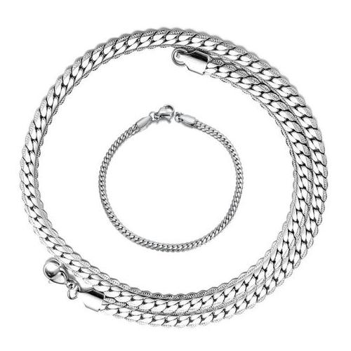 Stainless Steel Flat Snake Cuban Bar Chain 60cm with Matching 21cm Bracelet