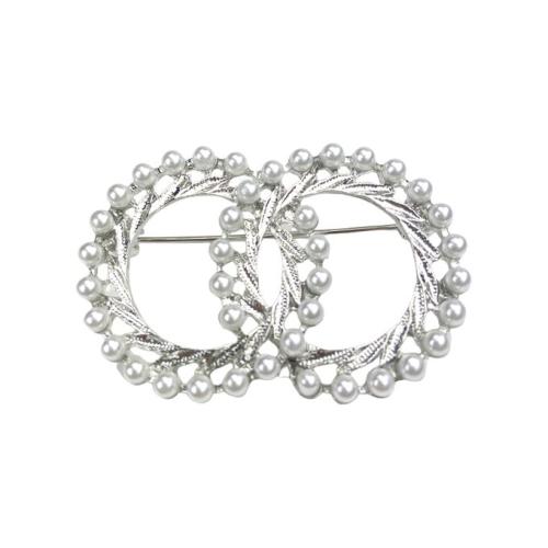 Women Brooch Faux Pearl Double Ring Shape Stainless-White