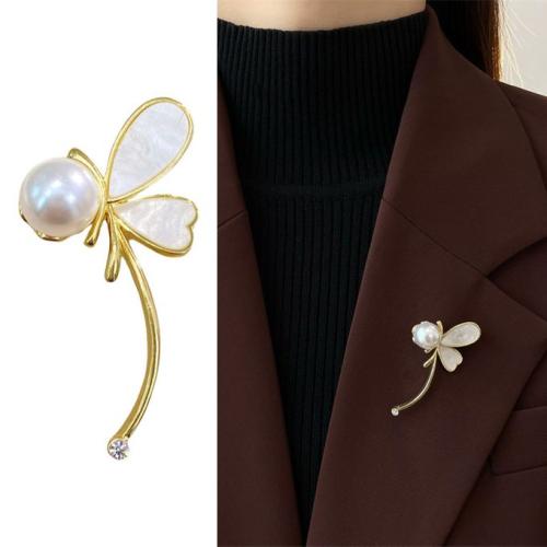 Women Brooch Faux Pearl Decor Dragonfly Stainless-Golden