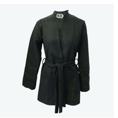 BLACK MELTON COAT WITH POCKETS AND TIE BELT