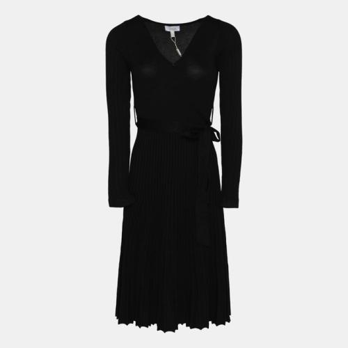 Knitted Mock Wrap Pleated  Long Sleeve Midi Dress Black
