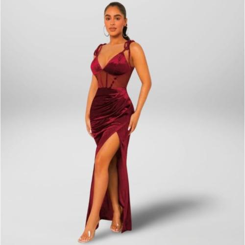 Burgundy Knot Shoulder Mesh Contrast Velvet Maxi Dress