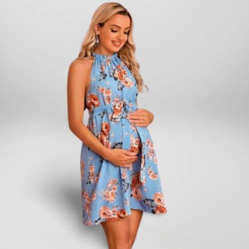 Blue Floral Print Belted Halter Mini Dress / Maternity Dress