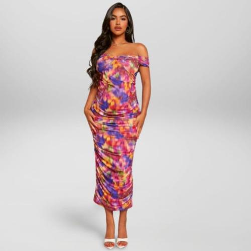 Tie Dye Off Shoulder Ruched Side Maternity Maxi Dress